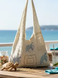 Women's Summer Beach Handbag, Turtle Pattern Crochet Design, Large Capacity Open Top Bag, Polyester, Casual Outdoor Travel Accessory, Crochet Tote Bag, Beach Bags