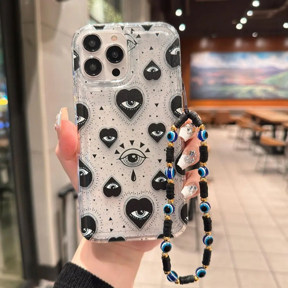 Creative Heart & Eye Pattern Phone Case with Beaded Lanyard, Full Body Shockproof Phone Cases, Phone Protective Cover, Fashion Phone Accessories for i