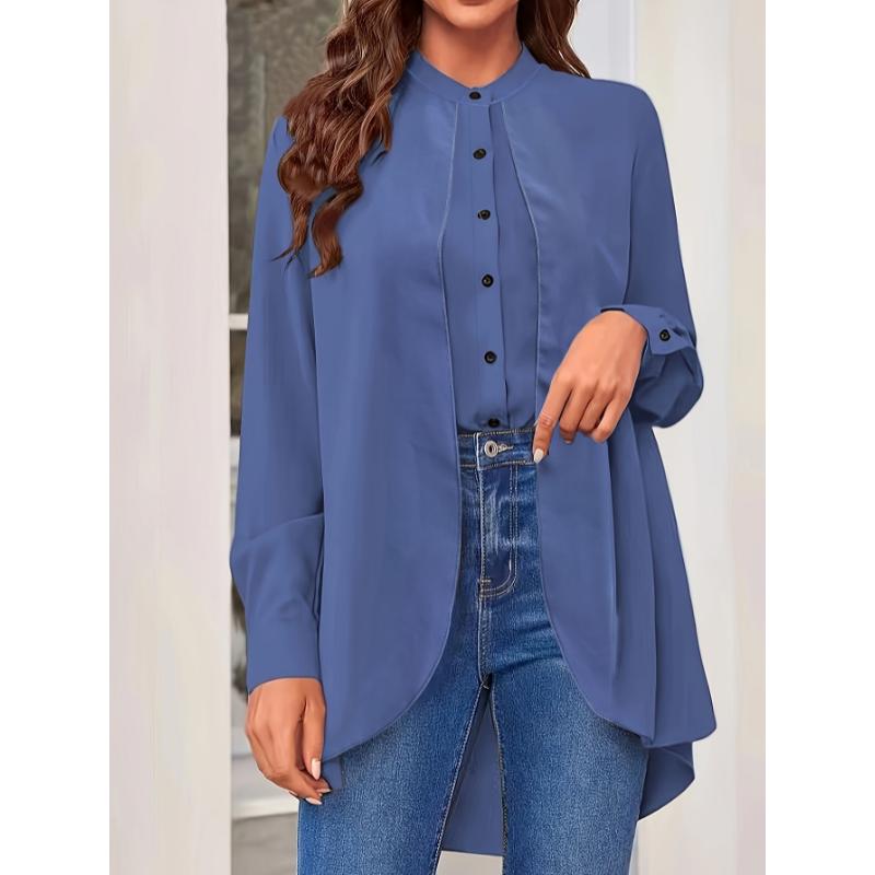 Women's Plus Size Olive Green Chiffon Blouse-Long Sleeve Button-Up Shirt with Stand Collar, Semi-Sheer Casual Top for Spring Summer Fall,Lightweight Breathable Office&Casual Attire, Sophisticated Casual Look, Elegant Texture,Spring Fa Polyester Womenswear