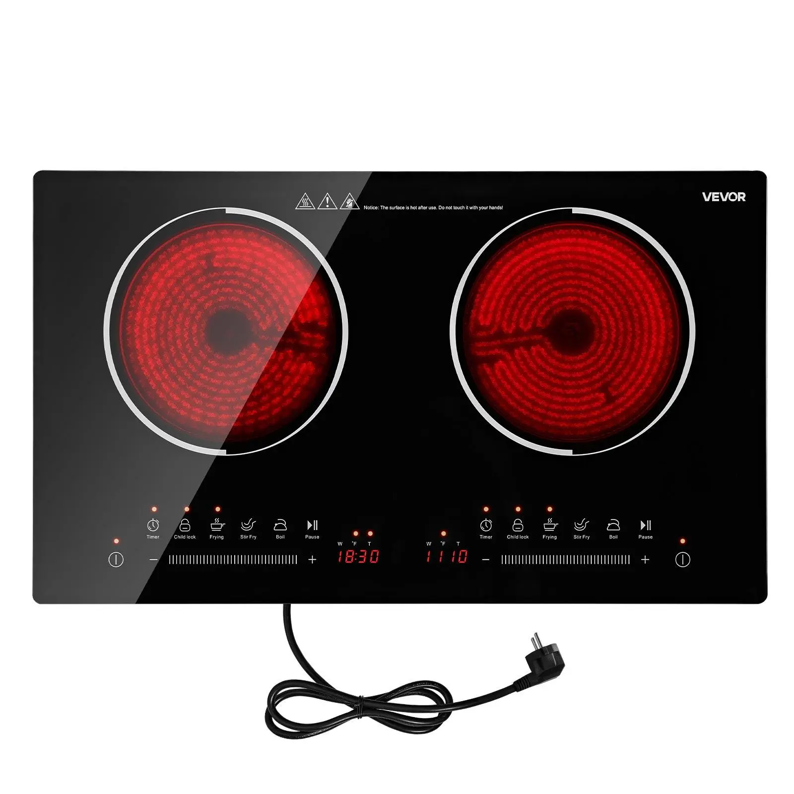 VEVOR Electric Cooktop 24inch 2 Burners Portable Stove Top 1800W 120V, Ceramic Countertop/Built-in Radiant Electric Stove , with 9 Power Levels, Timer, Child Lock, Over-Heat Guard, Touch Control