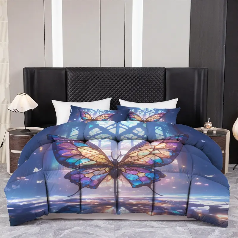 Magical Stained Glass Butterfly Quilt Set, 3-Piece Soft Microfiber Bedding, Vibrant Iridescent Design, All-Season Cozy Decor