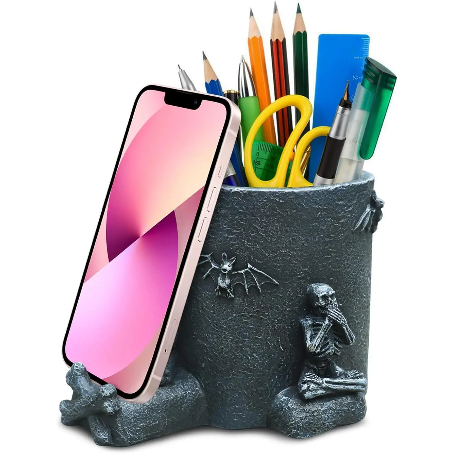 Black Gothic Hand-Painted Skull Desk Organizer Tidy - 3.54Inch * 3.93Inch Storage Organizer with Marker Pen Holder, Phone Stand, Office Stationery, Halloween Spooky Gift for Men, Decorating Accessory