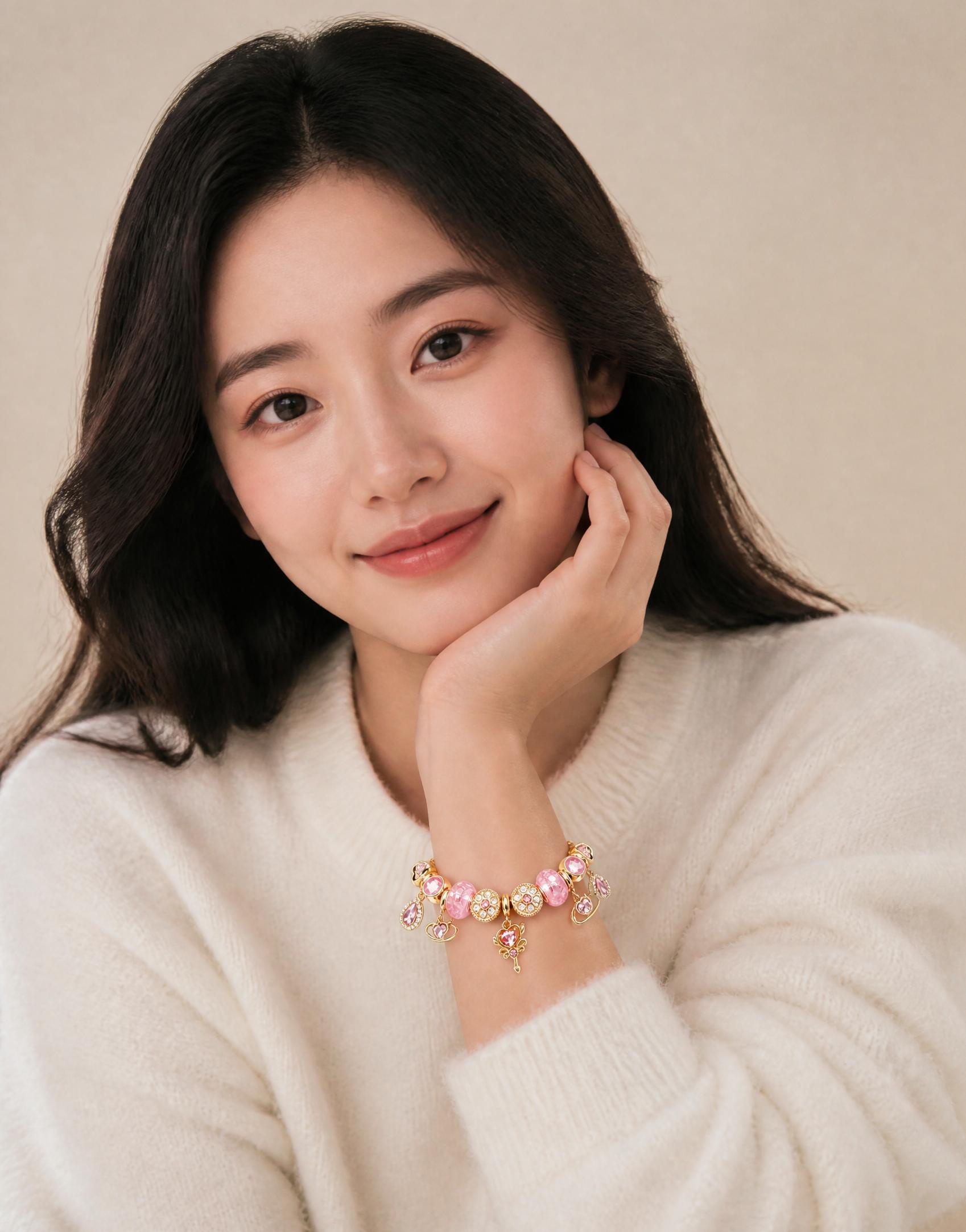 Sparkle & Sweetness: Pink Crystal Heart Charm Bracelet - Gold Snake Chain Adjustable Bangle for Her