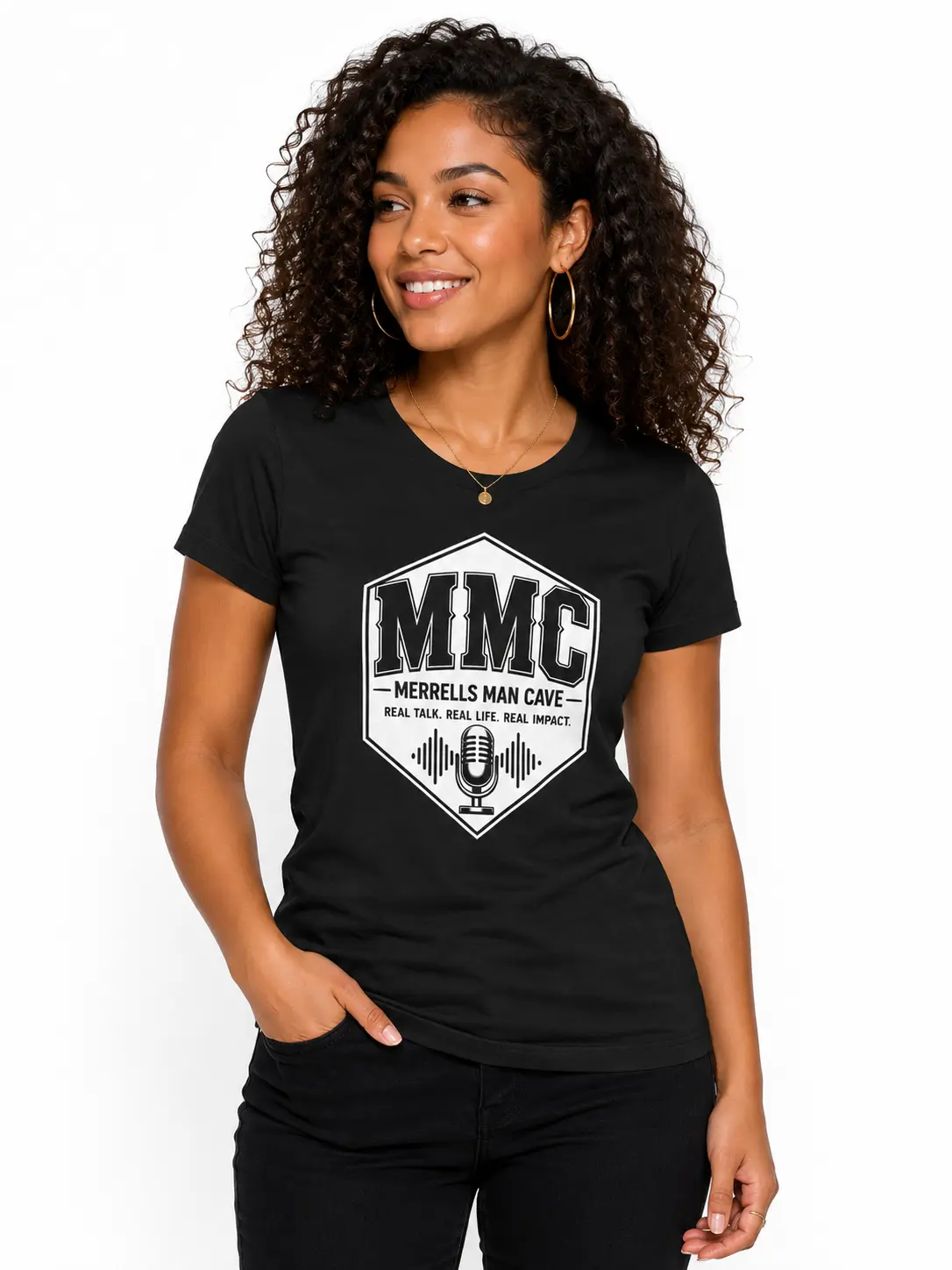 Women's MMC Podcast Logo T-Shirt, Microphone Badge Graphic Tee, Slim Fit Combed Cotton Long Body All Season T Shirts, Machine Wash, Vintage