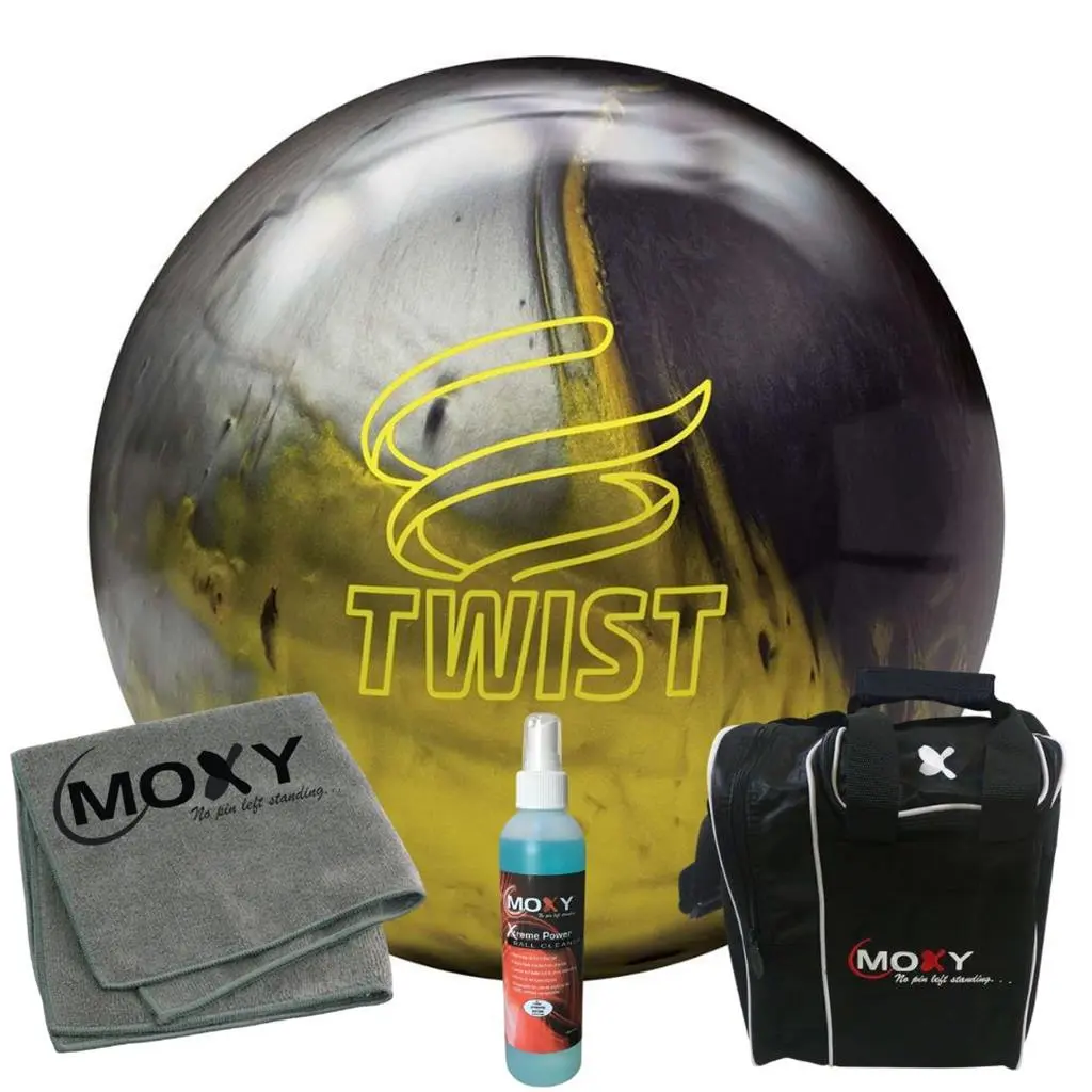 Brunswick Twist Black/Gold/Silver Bowling Ball  | Moxy Strike Black Bowling Bag | Moxy Gray Micro Fiber Towel | Moxy Xtreme Power Cleaner Package