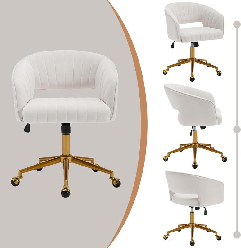 Home Office Desk Chairs, Modern Velvet Rolling Chair, Height Adjustable Swivel Vanity Chair with Golden Base, Ergonomic Chair for Vanity Study, Living Room Computer Room, Beige