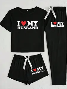 Women's Valentine Print Sleepwear Set, Casual Fitted Three-Piece Pajamas, Cartoon Heart Pattern All-Season Wear, Comfortable Nightwear, Loungewear