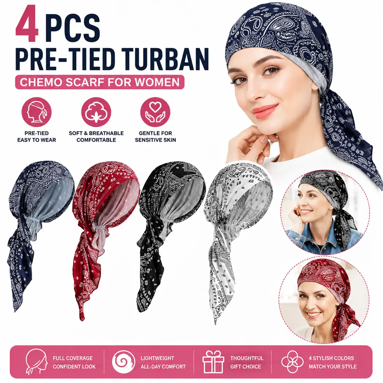 Women's 4-Pcs Pre-Tied Chemo Scarf Turbans, Breathable Soft Fabric Full-Cover Cancer Support Caps for Patients (Gifts)