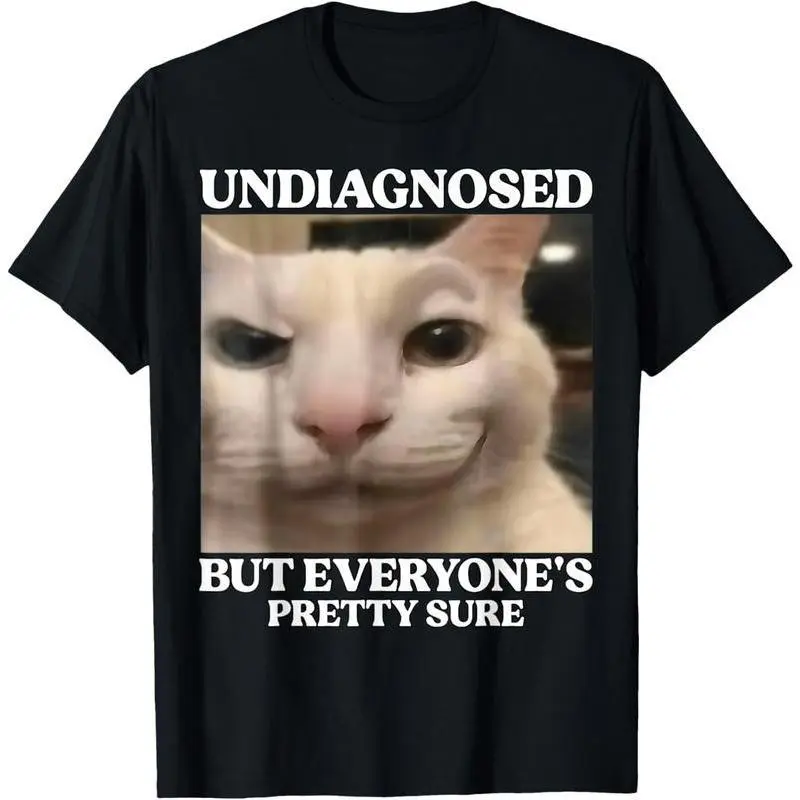 Women's Stylish Classic Knit Cotton Short-Sleeve T-Shirt - Flat/Round Neck Top with Undiagnosed But Everyone's Pretty Sure Funny Cat Meme Graphics, Summer Casual Garment