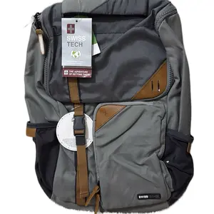 Swiss Tech Laptop Bag - Gray and Brown Backpack with Adventure Tag Design