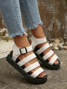 Women's Beach Slides Sandals, Casual Buckle Shoes, Comfortable Summer Footwear, Perfect for Vacation and Daily Wear, PU Leather, Medium Width