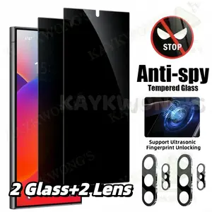 KAYKWONG'S Four-In-One Set: 2 Privacy Screen Protectors and 2 HD Camera Lens Protectors for Samsung Galaxy S22/s23/s24/s25 Ultra/s26, 9h+ Tempered Glass, Anti-Spy, Crystal Clear, Accessories