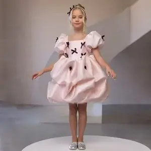 3-8Y Pink 6102 Kids Clothes Bow Flower Girls Frock Ball Gown Pageant Children Elegant Princess Prom Host Formal Evening Party Banquet Cocktail Dress