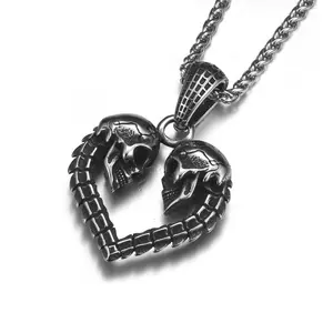 GTHIC Love You Till Death Necklace for Women Men Gothic Skull Head Heart Shaped Pendant Mother's Day Gift Stainless Steel