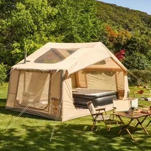 12'x8' Inflatable Camping Tent, 96 sq ft Air Tent, Outdoor Cabin Glamping Tent with Pump & Carrying Bag, Beige/Green