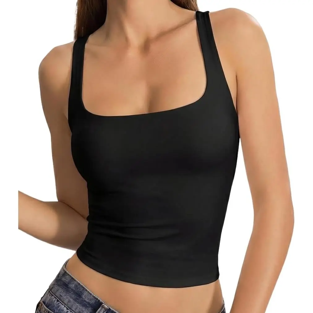 QINSEN Apparel Womens Tank Tops with Built in Bras Square Neck Double Lined Basic Sleeveless Workout Tops Brami Tank Top Casual