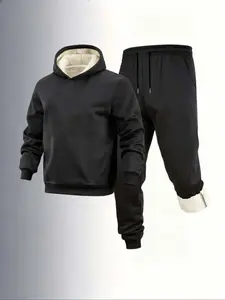 Men's Winter Fleece Thickened Set, Warm Hooded Sweatshirt + Casual Versatile Fleece Pants, Comfortable Fashion Design 2 Piece Set