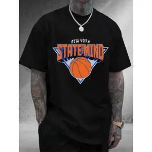 Men's Graphic T-Shirt with New York Basketball Print, Loose Fit 100% Cotton Short Sleeve Crewneck Casual Streetwear Top