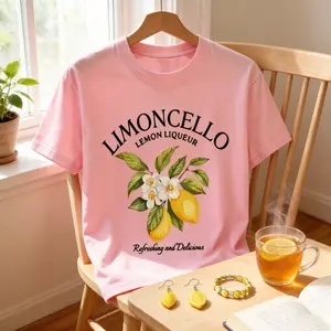 Limoncello Short Sleeved Lemon Round Neck T-shirt in Premium Cotton for Women's Casual Daily Wear Summer Crewneck Fabric Top Womenswear Cropped Soft Shortsleeve Streetwear Tshirt t shirts women|oversized tshirt women|vintage graphic tees
