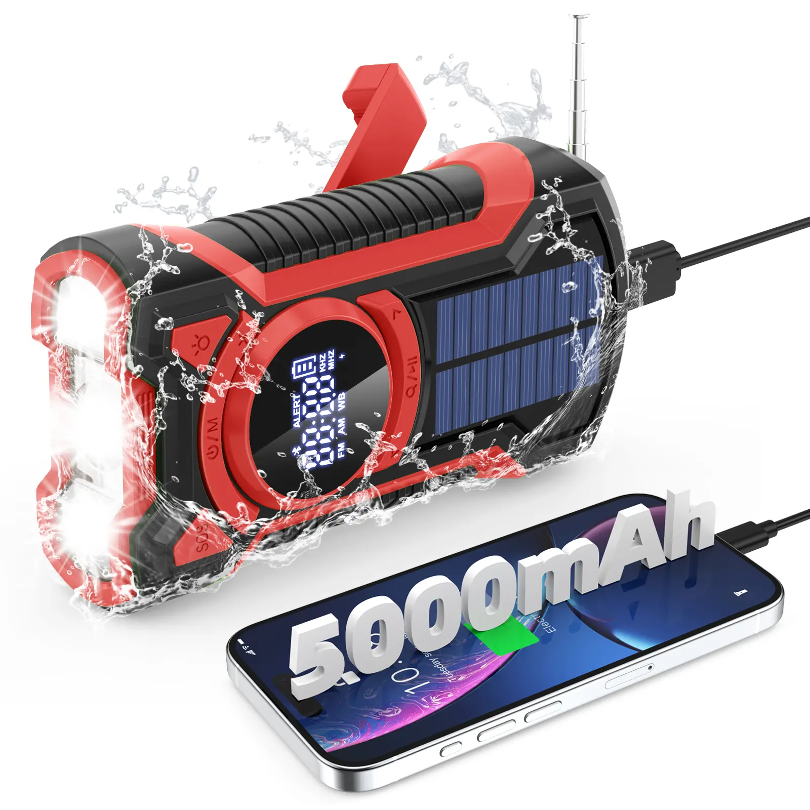 Weather Radio Solar Hand Crank Emergency Kit, AM/FM/NOAA Portable Emergency preparedness with Flashlight, Reading Lamp, Cell Phone Charger and SOS Alarm…… (Red) cable hand crank charger