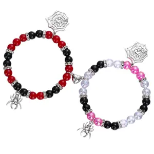 Spider Matching Bracelets Magnetic Bracelets for Couple Women Men Friendship Bracelets Heart Energy Stone Bracelets Stretch Beaded Bracelets Halloween Party Jewelry Gifts