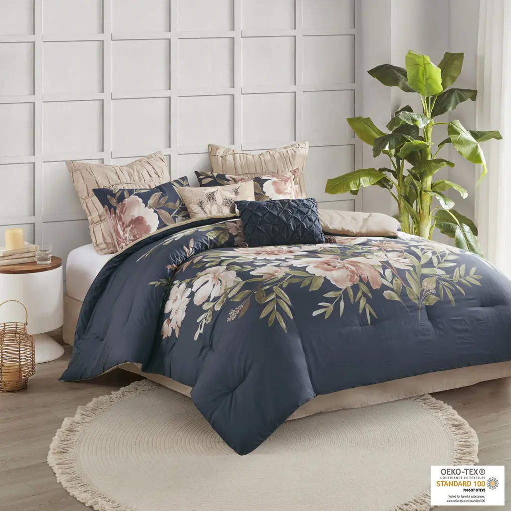 Queen 8-Piece Soft Cotton Bedding Set - Solid Navy, Shabby Chic Floral Patterns, Home House Decor, Floral Bedding, Bedding Sets Collections for Bedroom Use