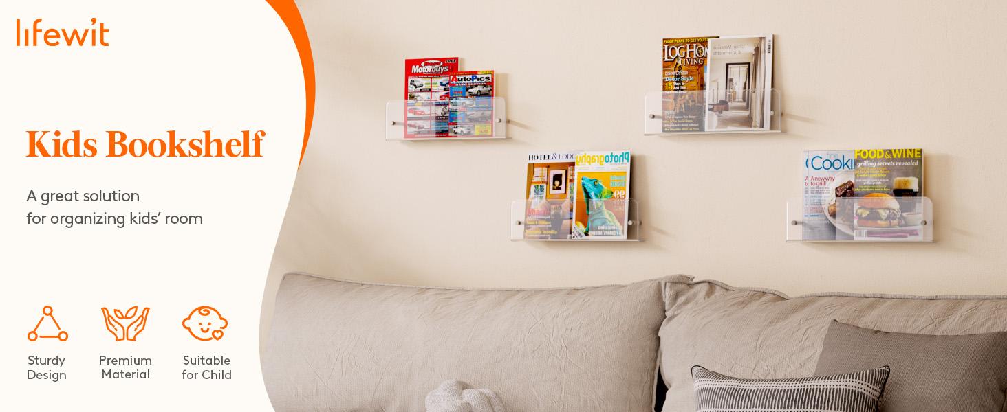 Lifewit 15" Floating Nursery Bookshelf, Clear Acrylic Wall-Mounted Racks for Kids' Magazines/Pictures, Ideal for Bedrooms and Living Rooms