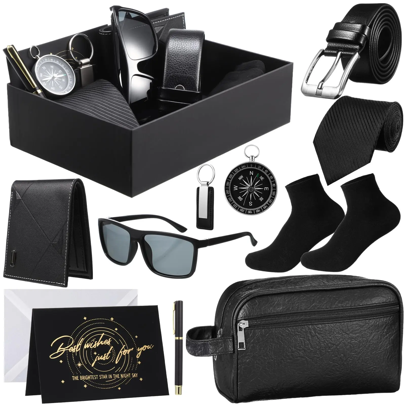 12 Pcs Father's Day Gifts for Men Dad Deluxe Gift Box Gift Basket with PU Leather Wallet Leather Toiletry Bag Tie Socks Belt Keychain Sunglasses Pen Compass,Fathers Day Gift Ideas From Son Daughter Wife for Birthday Anniversary Personalized Gift Package