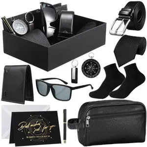 12 Pcs Father's Day Gifts for Men Dad Deluxe Gift Box Gift Basket with PU Leather Wallet Leather Toiletry Bag Tie Socks Belt Keychain Sunglasses Pen Compass,Fathers Day Gift Ideas From Son Daughter Wife for Birthday Anniversary Personalized Gift Package
