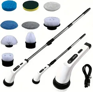 Cordless Electric Spin Scrubber 8 Brush Heads, 90 Mins Runtime, 3 Lengths & 2 Speeds for Bathroom Tile, Shower, Bathtub, Glass & Car Cleaning (White Nine-in-one Cleaning Set)