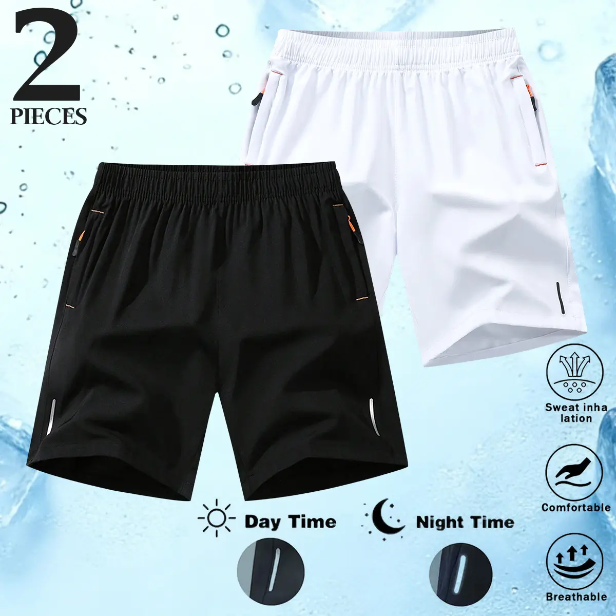 2-pack men’s casual athletic shorts, solid color, breathable, zippered pockets, elastic drawstring waistband, outdoor sports gear, summer sportswear shorts, casual shorts, menswear