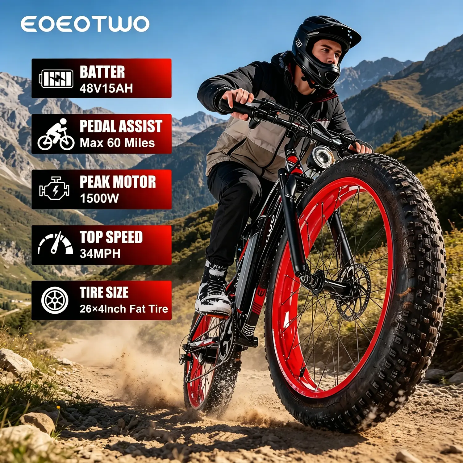EOEOTWO E-bike (Model E01) – 1500W Peak Power, 26x4-inch Wide Tyres, 48V 15Ah All-terrain E-bike with 60-miles（Pedal Assist Mode） & 34mph Max Speed. Equipped with the Latest LED Colour Screen Dashboard; Suitable for Road, Sandy, Mountain & Snowy Terrain