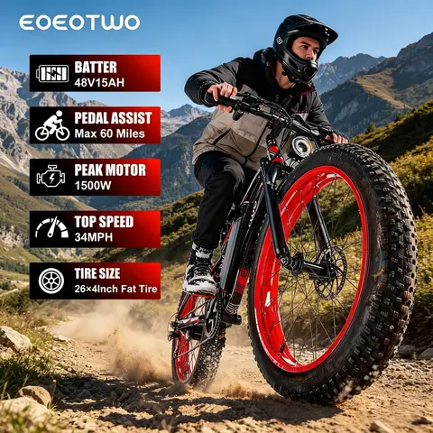 EOEOTWO E01 Lightweight Multifunctional All-Terrain Rechargeable Ebike - 1500W Peak Power, 26x4-in Wide Tyres, 48v 15ah batt., 60-Mile Pedal Assist Range, 34mph Max Speed, LED Display Dashboard, Bike Seat, Installation Manual for Mountain Bikes, Road Use