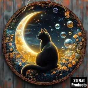 Aluminum Round Wall Decor Plaque 8x8 Inch 2D Flat Cat and Moon Theme Decorative Wall Art for Living Room Kitchen Bathroom Decoration