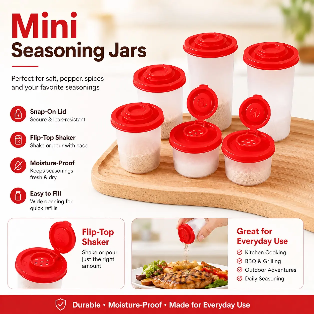 American Mini Seasoning Bottle with Lid, Moisture-Proof Durable Outdoor Cooking Salt Pepper Shaker, Daily Use Condiment Container, Spice Containers