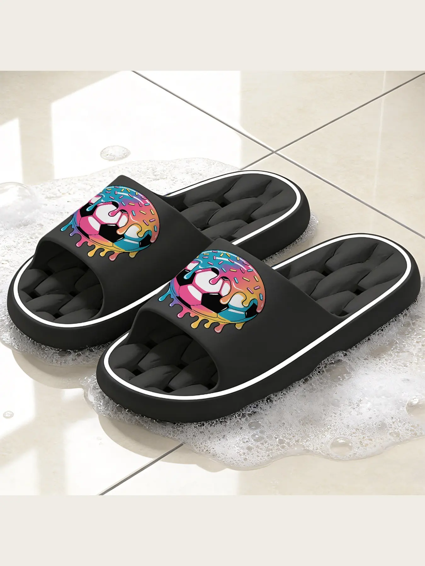 Drippy Donut Soccer Clog Slides, Trendy Gradient Glaze Sprinkle Graphic Non Slip Soft Sole Slippers, Casual Lightweight Comfort Slip On Shoes For Indoor Outdoor Holiday Sports Themed Footwear