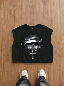 Men's Short Box Vest, Summer Vacation Basic, Mouth Pattern, Casual Streetwear, Inner and Outer Wear, Holiday Gift Choice