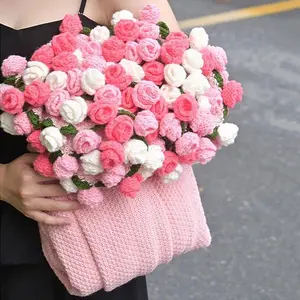 Handmade Crochet Blanket Finished Rose Flower Bouquet Blankets Red Wedding Decoration Blanket  Year Valentine's Day Gift