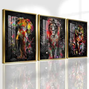 3 Counts Aluminum Alloy Framed Painting, Colorful Elephant Lion Tiger Pictures, Home Decoration For Living Room, Bedroom, Office, Restaurant, Hallway Wall Decor, Odorless Print Artwork, Luxury Perfect Gift For Friends And Family