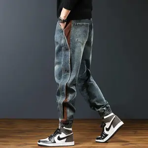 Men’s American-style heavy patchwork denim overalls/jeans — loose fit, ankle cuff, long pants; autumn fashion brand streetwear