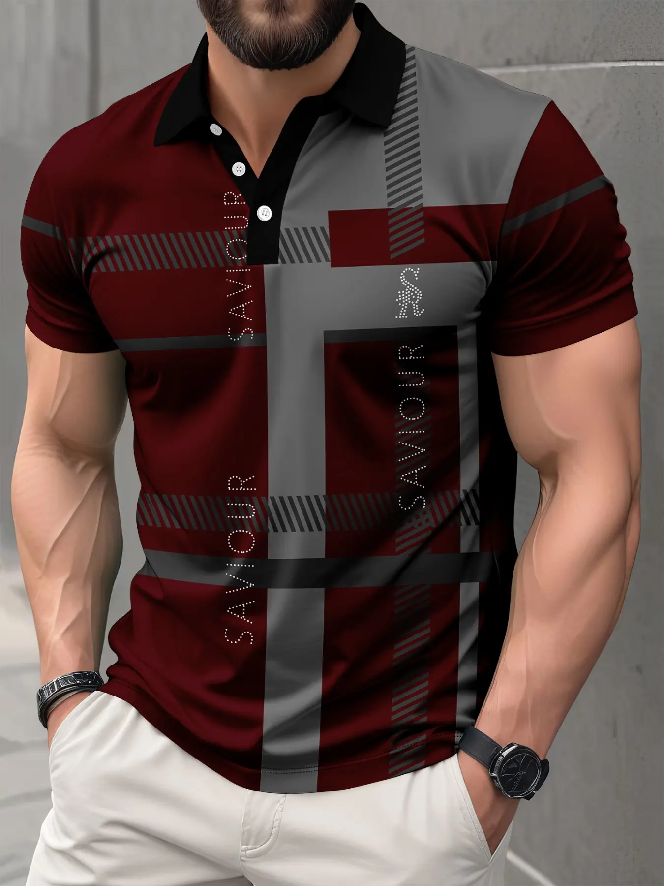 Men's Wine Plaid Letter Print Polo Shirt, Casual Short Sleeve Business Golf Shirt, Breathable Lightweight Streetwear Top, Menswear