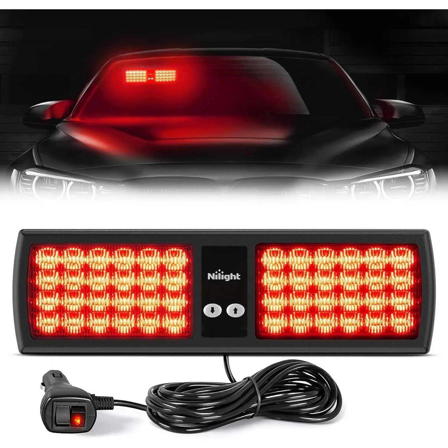Nilight Red 48-LED Visor Mount Strobe Light Module - Interior Windshield Flasher with Hook Straps, Velcro Straps, Power Cord, Strobe Mode, Super Bright Light Bar for Enforcement Vehicles, Trucks
