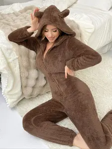 Women's Solid Zip Up Hooded Fuzzy Onesie, Casual Long Sleeve Flannel Jumpsuit for Fall & Winter, Women's Sleepwear for Indoor Wear, Loungewear