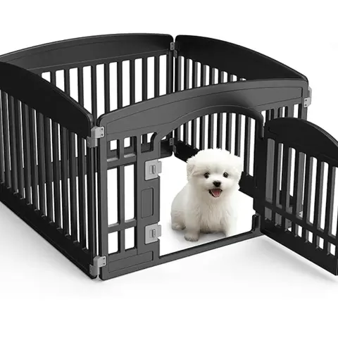 Black Foldable Pet Playpen for Indoor & Outdoor Use | 4 Panels with Door | Dense Bite-Resistant Non-Toxic Plastic | （Anti-jump top cover sold separately）Safe Play Area for Small to Medium Dogs & Cats