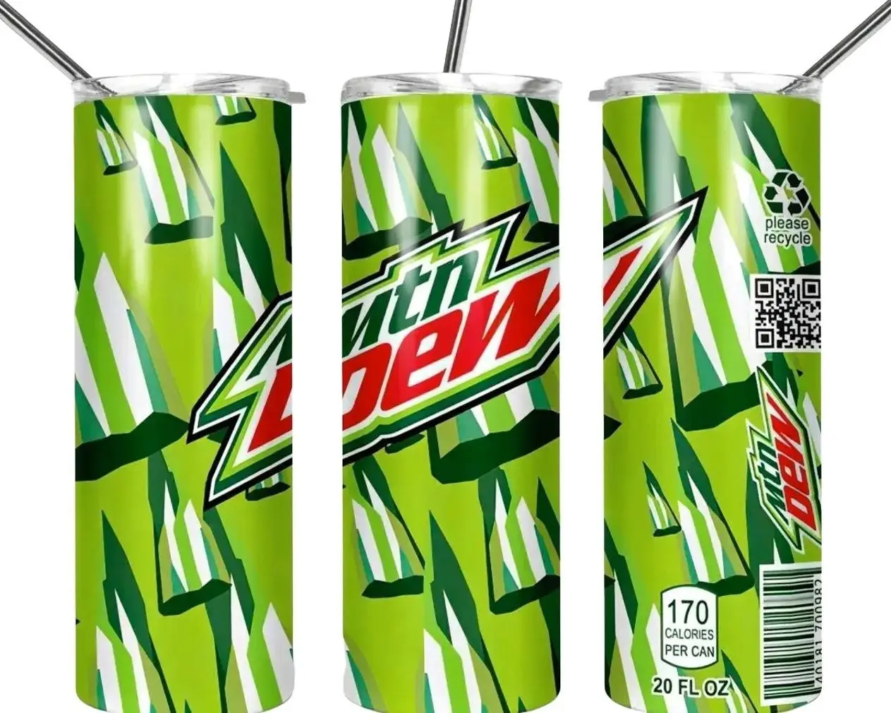 Stainless Steel Mountain Dew Skinny Tumbler, 20-30 oz, with Detachable Lid and Straw