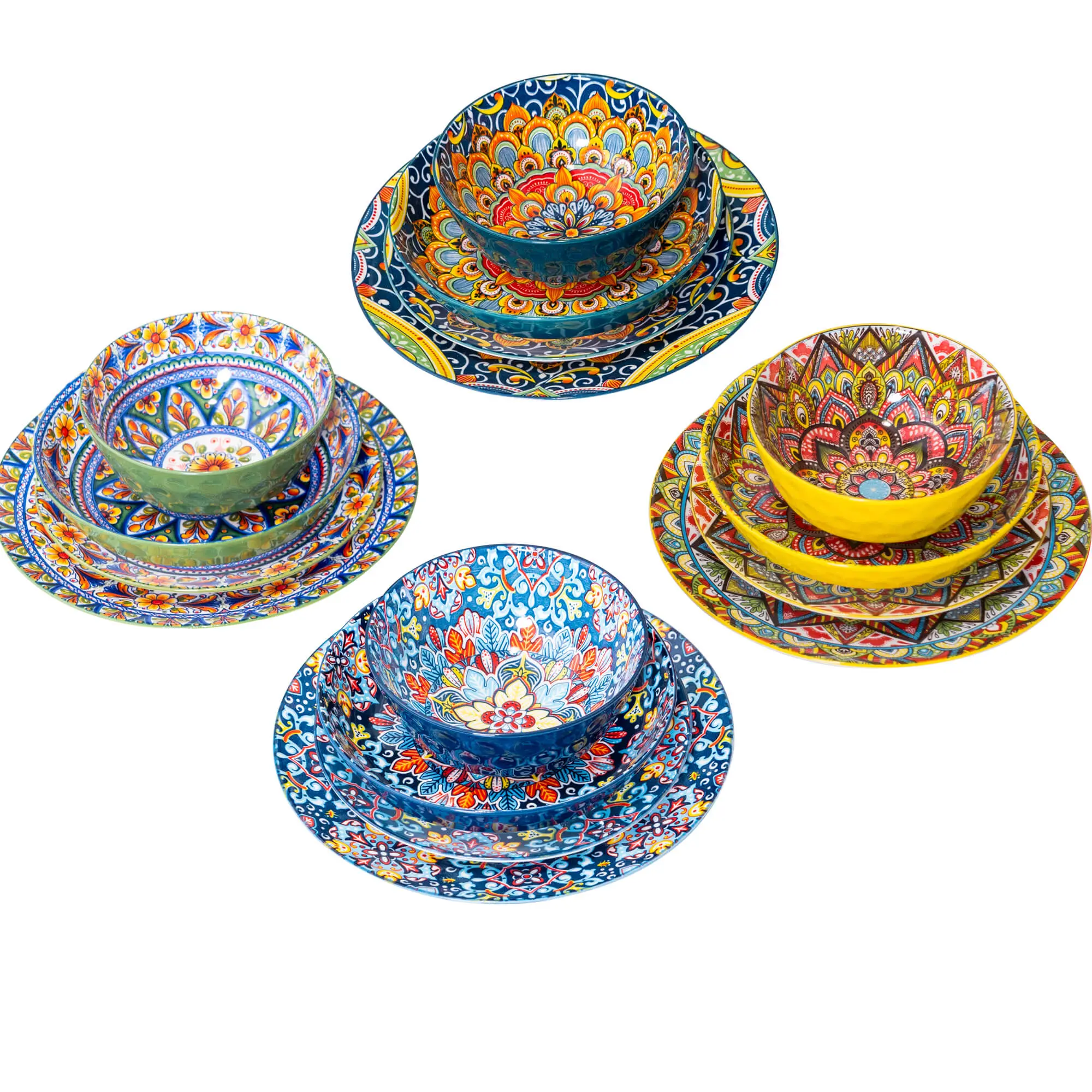 RomatLink Bohemian Porcelain Dinnerware Service Set - 4-Person 16-Piece or 6-Person 24-Piece Colorful Plates & Bowls Kitchen Tableware Set, Porcelain Dinnerware Sets