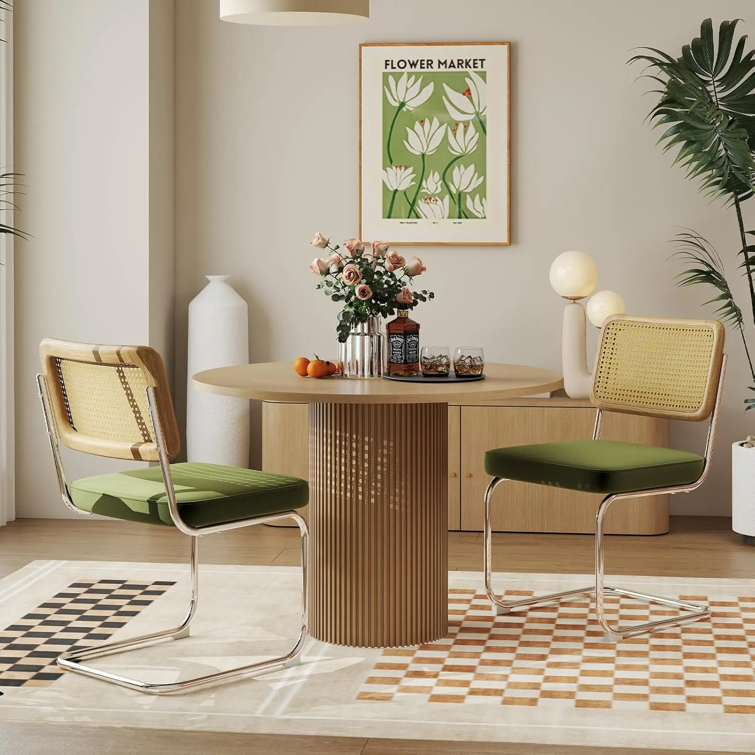 Rattan Back Velvet Dining Chair Set of 2 Modern Stainless Chrome Base Armless Upholstered Side Chair for Dining Room, Kitchen Island, Olive Green