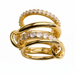 18K Gold Filled CZ Interlocking Ring Set – Multi Ring Stack Statement Band – Made in Korea