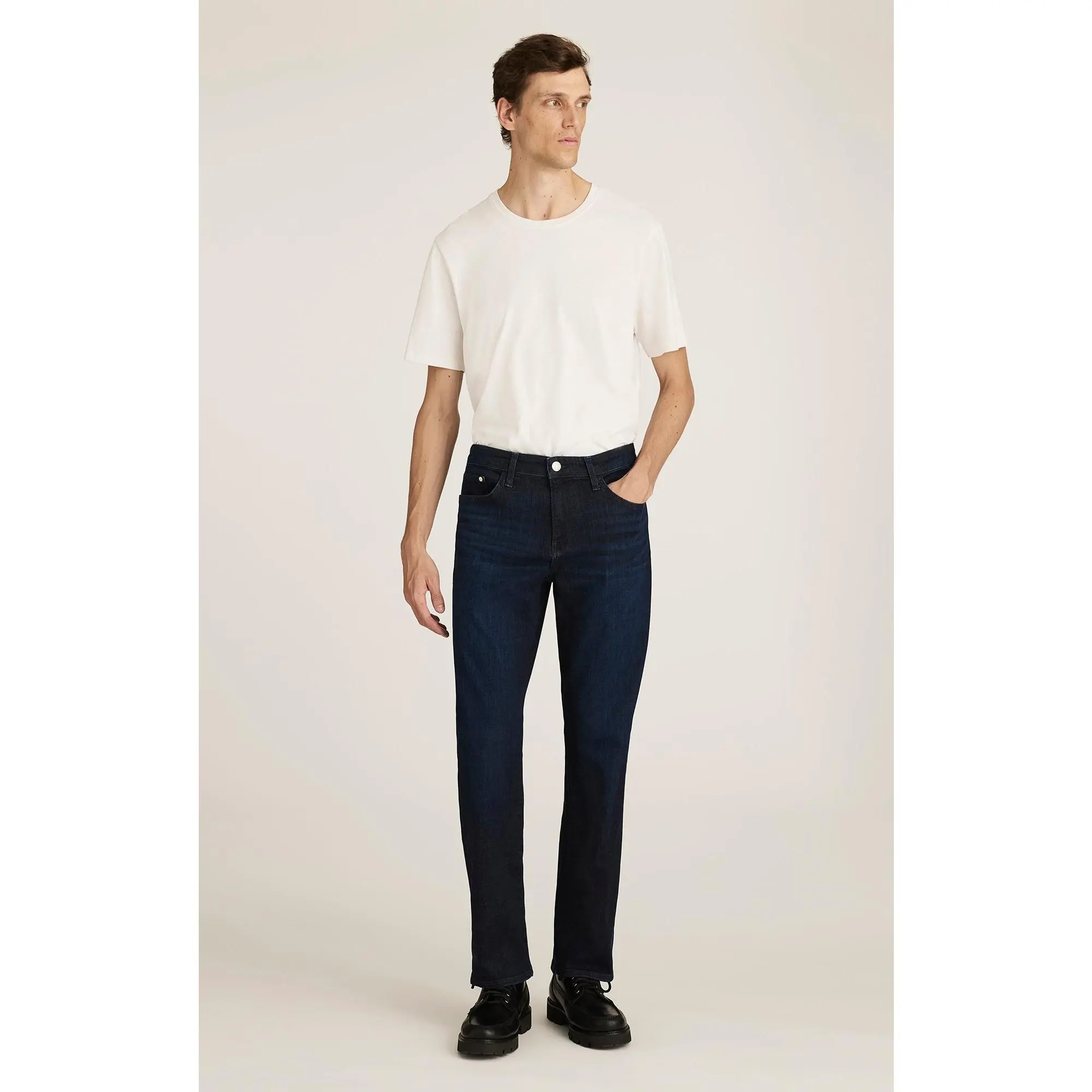 Men's Organic Blend Cotton Denim Jeans - Elastane-Tencel, Regular Rise, Relaxed Straight Leg, Loose-Fitting, Deep Brushed Feather Blue, Deep Indigo Menswear Bottoms