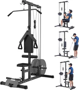 LAT Pulldown Machine Multi-Functional Cable System with Adjustable Pulley Stations & Leg Support for Home Gym Bicep Curl & Seated Rowing Workouts